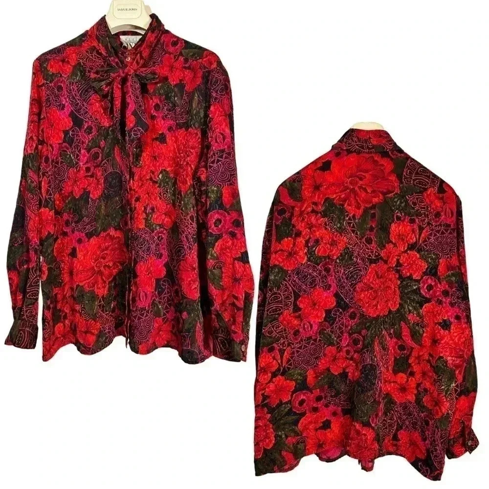 Vintage red floral button down blouse size:L. Antels MXM